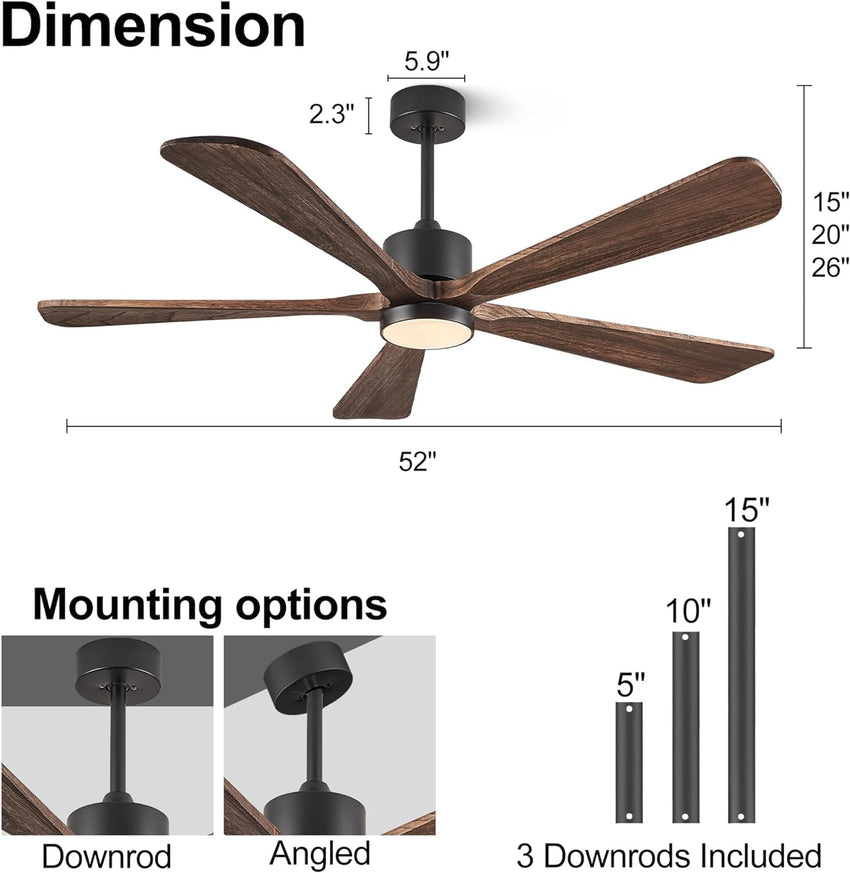 Ceiling Fans with Lights. 60 inch Outdoor Ceiling Fans with Lights for Patio and Remote Control. Modern Ceiling Fan with Light. 5 Solid Wood Blades 6-Speed Reversible DC Motor (Dark Brown)