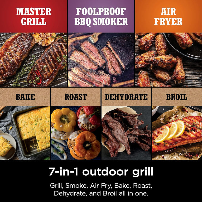 7-in-1 Grill & Smoker with Thermometer. Air Fryer. BBQ. Bake. Roast. Broil - Portable Electric Outdoor Grill. Grey