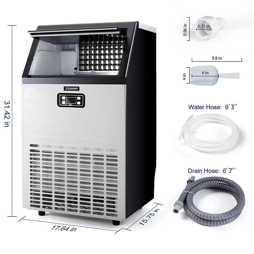 Euhomy Commercial Ice Machine. 2 Way Water Supply 100lbs/24H Stainless Steel Under Counter ice Machine with 33lbs Capacity