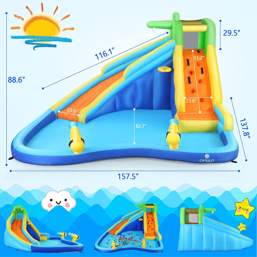 Inflatable Water Slides for Kids 8-in-1 Bounce House Water Park with 450W Blower Climbing Wall. Splash Pool. 2 Water Cannons. Basketball Hoop. Water Slide. Crocodile Sprinkler for Gift Backyard Party