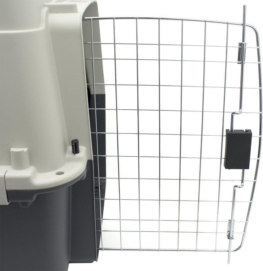 SportPet Designs Plastic Kennels Rolling Plastic Airline Approved Wire Door Travel Dog Crate. XXX-Large. Gray