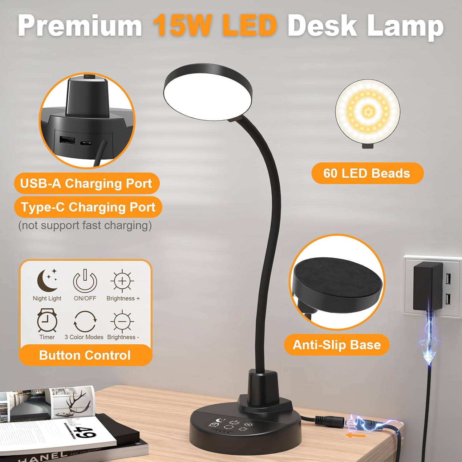 15W LED Desk Lamp with USB Charging Port