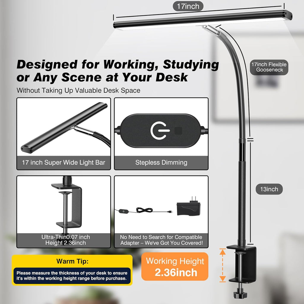 Eye-Caring Desk Light with Stepless Dimming Adjustable Flexible Gooseneck
