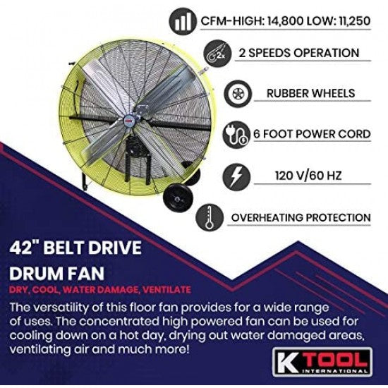 K Tool International 42′′ Belt Drive Drum Fan; Industrial. Garage. Shop. High Speed 2-Speed. Durable. Cut-Off Protection. Easy Mobility Rubber Wheels; SAFETY YELLOW KTI77743