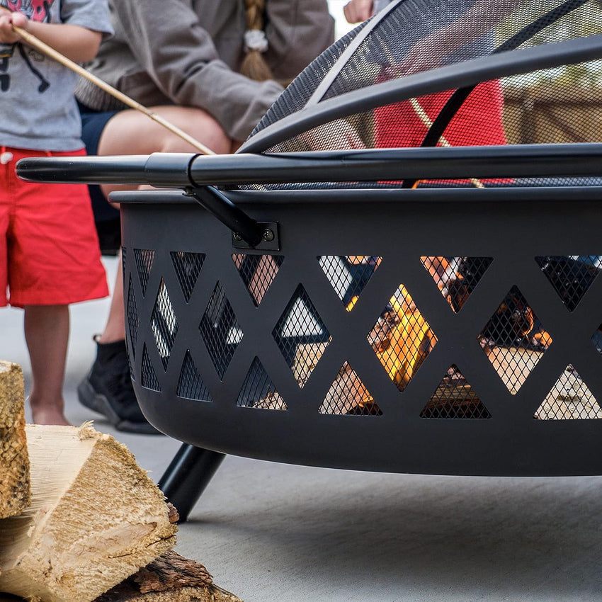 SUNCREAT 42 Patio Fire Pit Wood Burning with Mesh Spark Screen. Bonfire Outdoor firepit with Fireplace Poker. Black