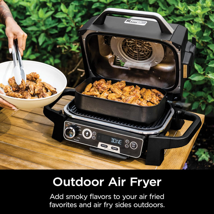 7-in-1 Grill & Smoker with Thermometer. Air Fryer. BBQ. Bake. Roast. Broil - Portable Electric Outdoor Grill. Grey