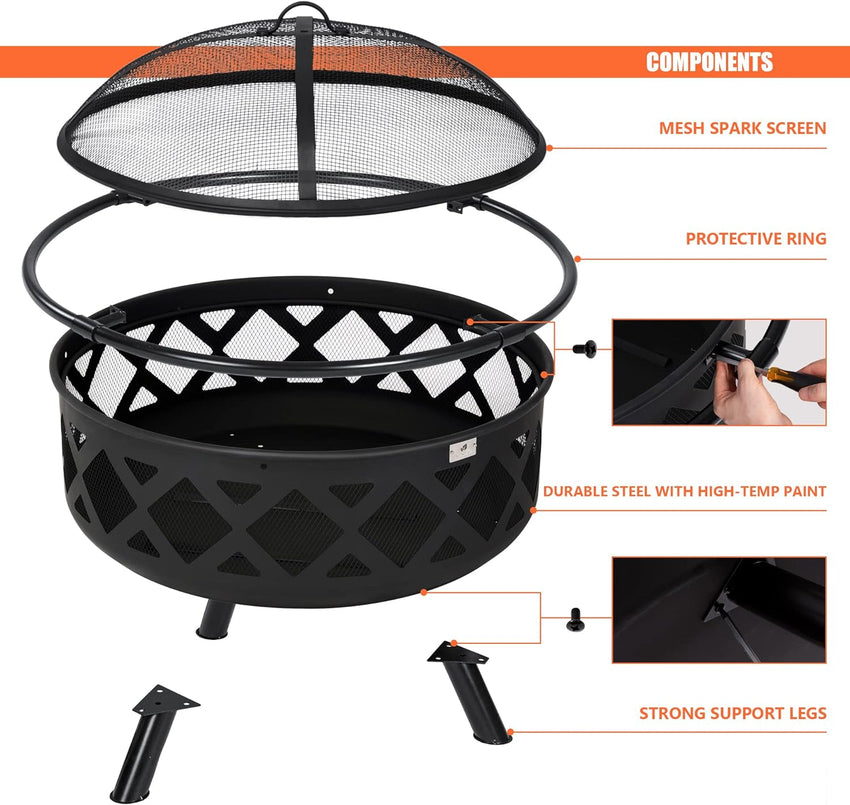 SUNCREAT 42 Patio Fire Pit Wood Burning with Mesh Spark Screen. Bonfire Outdoor firepit with Fireplace Poker. Black