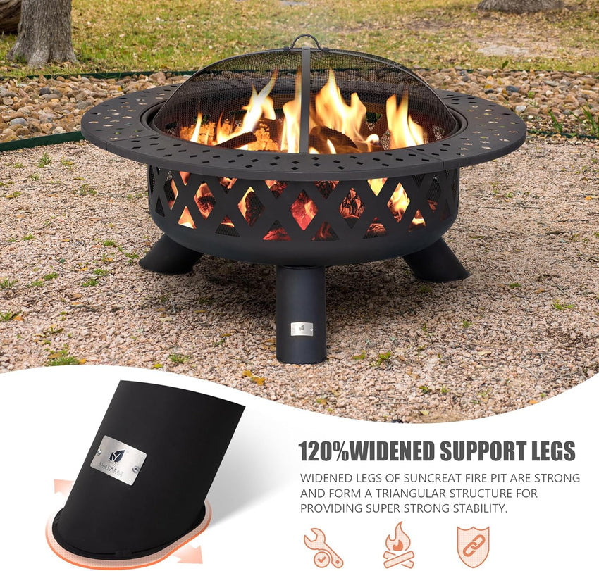 SUNCREAT 42 Patio Fire Pit Wood Burning with Mesh Spark Screen. Bonfire Outdoor firepit with Fireplace Poker. Black