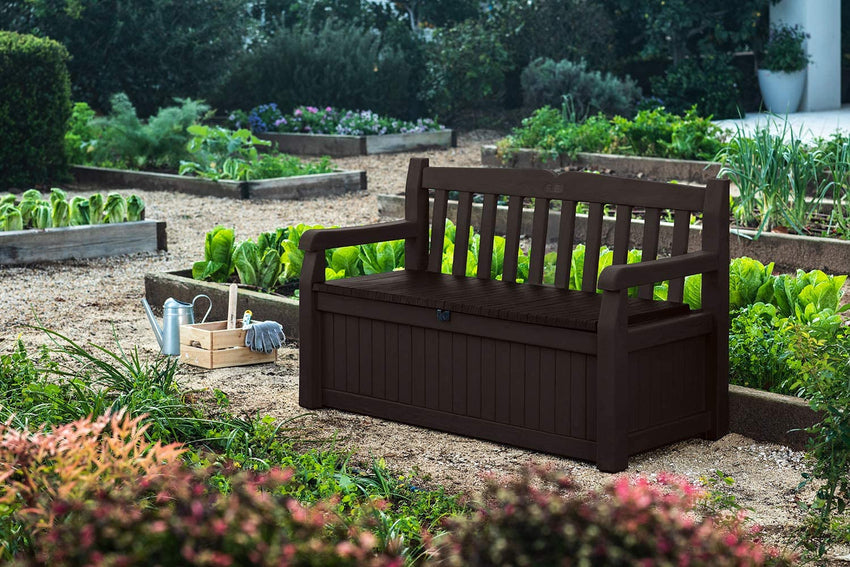 Keter Solana 70 Gallon Storage Bench Deck Box for Patio Furniture. Front Porch Decor and Outdoor Seating – Perfect to Store Garden Tools and Pool Toys. Brown