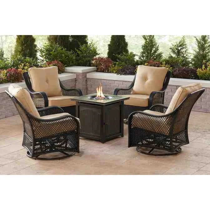 5-Piece Steel Patio Fire Pit Conversation Set with Navy Blue Cushions. Swivel Gliders and Square Fire Pit Table