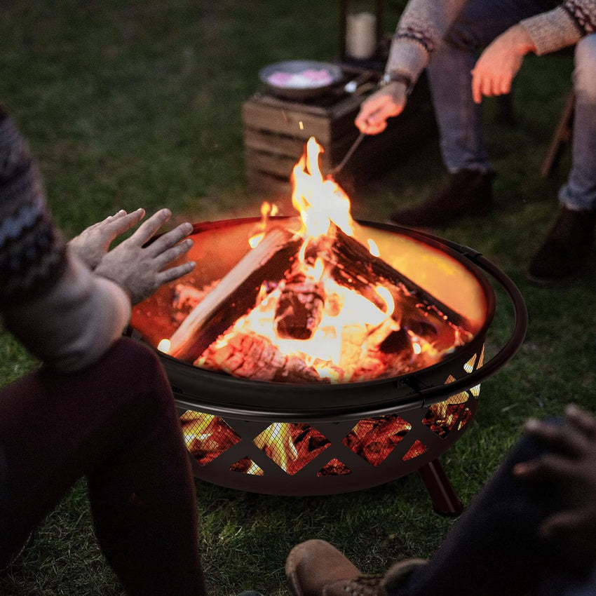SUNCREAT 42 Patio Fire Pit Wood Burning with Mesh Spark Screen. Bonfire Outdoor firepit with Fireplace Poker. Black