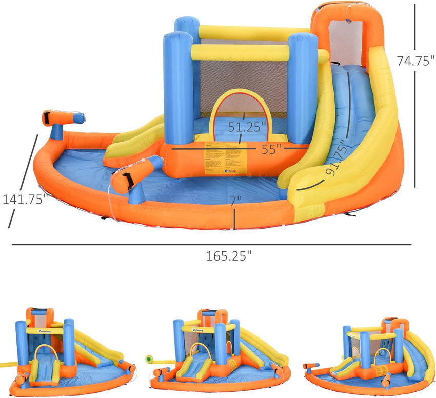 Kids Inflatable Water Slide 5-in-1 Bounce House Water Park Jumping Castle with Water Pool. Slide. Climbing Walls. & 2 Water Cannons. 450W Air Blower
